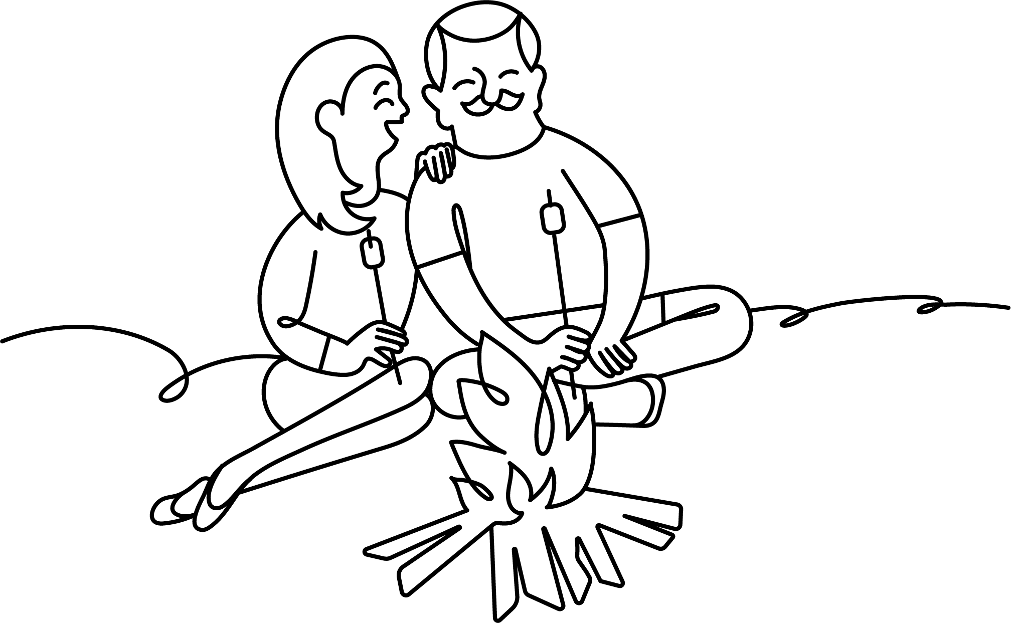 couple roasting marshmallows around fire